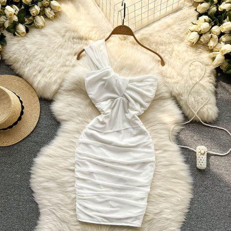 Lasa Ruched Mini Bodycon Mesh Dress - styled flat-lay shot, white - Miss Mosa By Akanksha