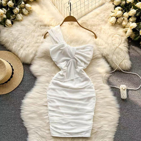 Lasa Ruched Mini Bodycon Mesh Dress - styled flat-lay shot, white - Miss Mosa By Akanksha