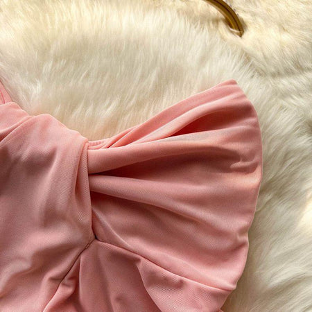 Lasa Ruched Mini Bodycon Mesh Dress - close-up of twisted bodice, pink - Miss Mosa By Akanksha