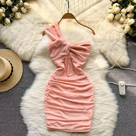 Lasa Ruched Mini Bodycon Mesh Dress - styled flat-lay shot, pink - Miss Mosa By Akanksha