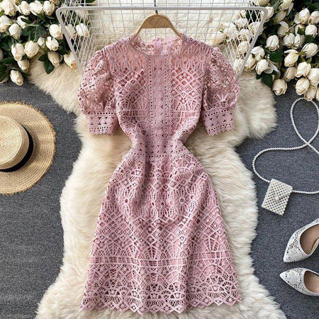 Latea Crochet Dress - styled flat-lay shot, pink - Miss Mosa By Akanksha