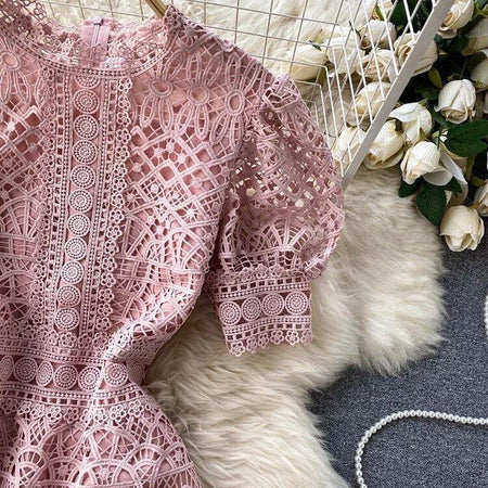 Latea Crochet Dress - close-up of bodice detail, pink - Miss Mosa By Akanksha