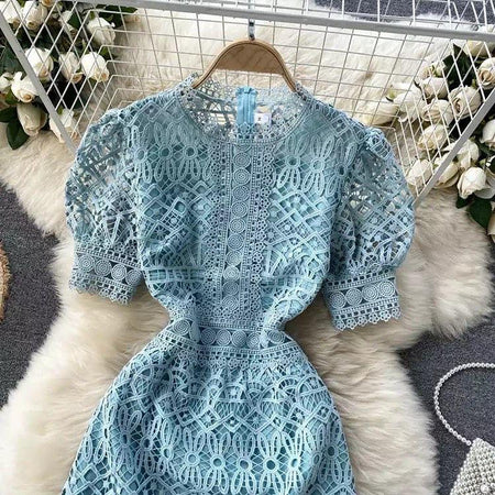 Latea Crochet Dress - styled flat-lay shot, blue - Miss Mosa By Akanksha