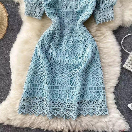 Latea Crochet Dress - styled flat-lay shot, blue - Miss Mosa By Akanksha