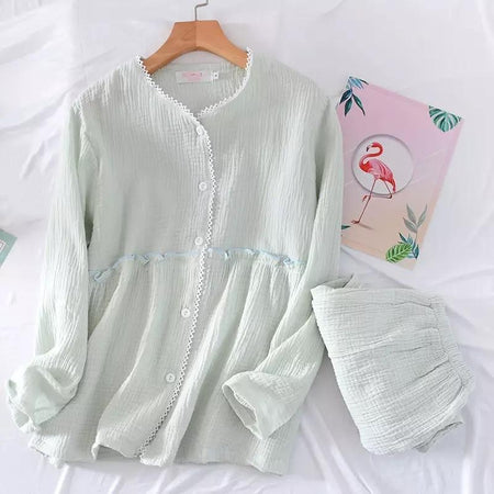 Laurel Lace Cotton Nightsets - flat-lay product shot, green - Miss Mosa By Akanksha