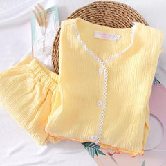 Laurel Lace Cotton Nightsets - flat-lay product shot, yellow - Miss Mosa By Akanksha