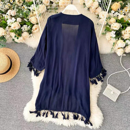 Leah Tasseled Cape - back shot on hanger, navy - Miss Mosa By Akanksha