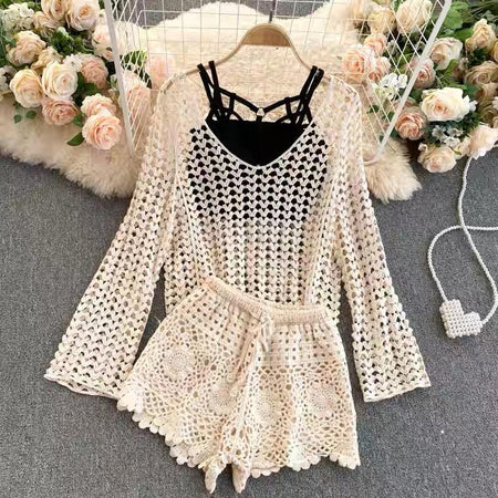 Lebanon Crochet 3 Pc Set - Resortwear In Beige - styled flat-lay shot, beige - Miss Mosa By Akanksha