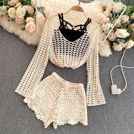 Lebanon Crochet 3 Pc Set - Resortwear In Beige - styled flat-lay shot, beige - Miss Mosa By Akanksha