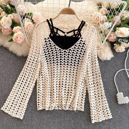 Lebanon Crochet 3 Pc Set - Resortwear In Beige - flat-lay product shot, beige - Miss Mosa By Akanksha
