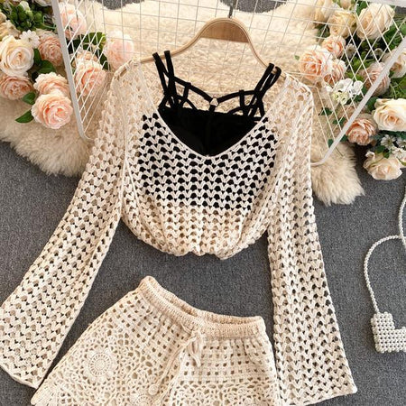 Lebanon Crochet 3 Pc Set - Resortwear In Beige - styled flat-lay shot, beige - Miss Mosa By Akanksha
