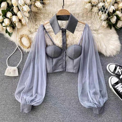 Liabella Puffed Sleeve Blouse - styled flat-lay shot, grey - Miss Mosa By Akanksha