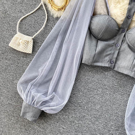 Liabella Puffed Sleeve Blouse - close-up of sleeve, grey - Miss Mosa By Akanksha