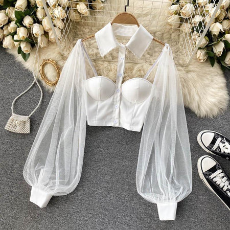 Liabella Puffed Sleeve Blouse - styled flat-lay shot, white - Miss Mosa By Akanksha