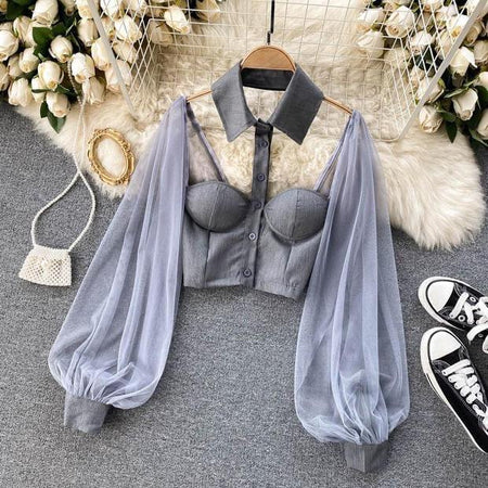 Liabella Puffed Sleeve Blouse - styled flat-lay shot, grey - Miss Mosa By Akanksha