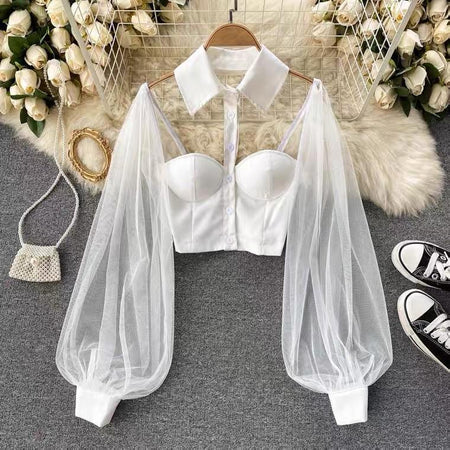 Liabella Puffed Sleeve Blouse - styled flat-lay shot, white - Miss Mosa By Akanksha