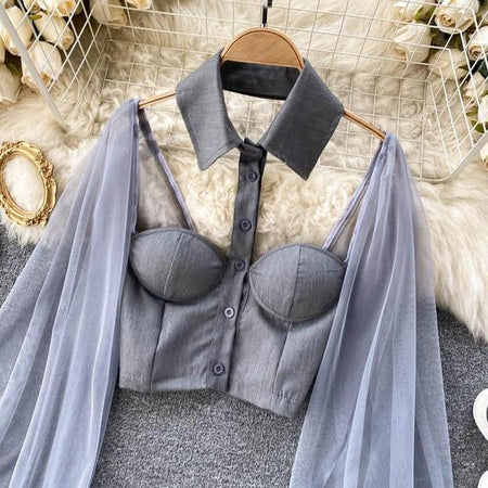Liabella Puffed Sleeve Blouse - close-up of bodice, grey - Miss Mosa By Akanksha