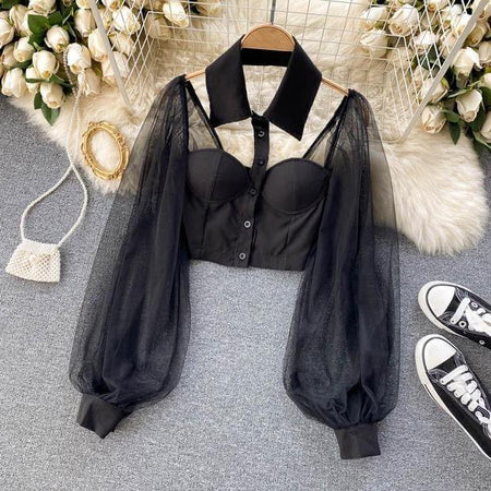 Liabella Puffed Sleeve Blouse - styled flat-lay shot, black - Miss Mosa By Akanksha