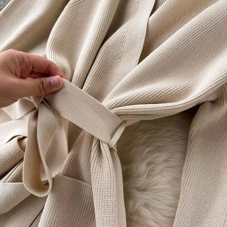 Liboa Woolen Coord Set - close-up of tie belt, beige - Miss Mosa By Akanksha