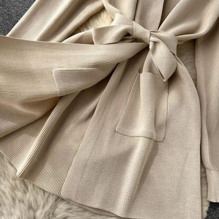 Liboa Woolen Coord Set - close-up of bow tie, beige - Miss Mosa By Akanksha