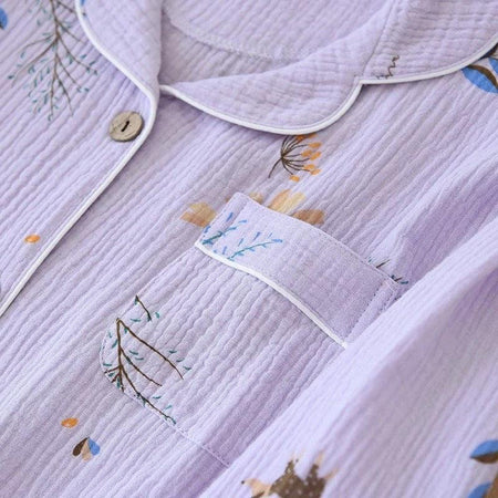 Lilac Dreams Nightset In Lilac - close-up of collar and pocket, lilac - Miss Mosa By Akanksha