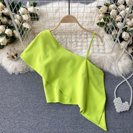 Lily One Shoulder Top - styled flat-lay shot, green - Miss Mosa By Akanksha