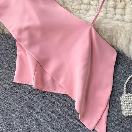 Lily One Shoulder Top - close-up of asymmetric hem, pink - Miss Mosa By Akanksha