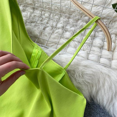 Lily One Shoulder Top - close-up of strap and zip, green - Miss Mosa By Akanksha