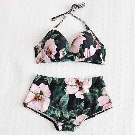 Lily Swimsuit Set In Dark Green - flat-lay product shot, green floral - Miss Mosa By Akanksha
