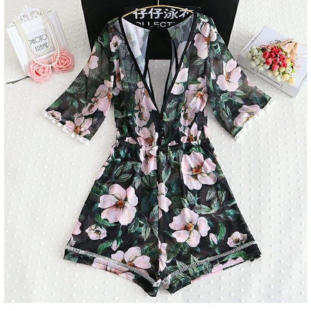 Lily Swimsuit Set In Dark Green - styled flat-lay shot, green floral - Miss Mosa By Akanksha