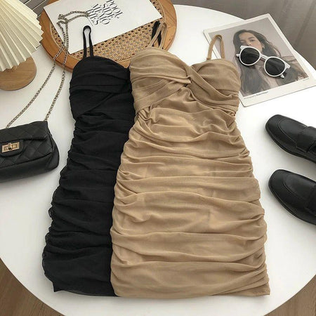 Limba Ruched Mini Bodycon Mesh Dress - styled flat-lay shot, multicolour - Miss Mosa By Akanksha