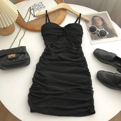 Limba Ruched Mini Bodycon Mesh Dress - styled flat-lay shot, black - Miss Mosa By Akanksha