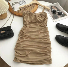 Limba Ruched Mini Bodycon Mesh Dress - styled flat-lay shot, beige - Miss Mosa By Akanksha