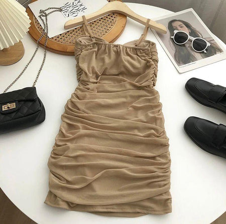 Limba Ruched Mini Bodycon Mesh Dress - styled flat-lay shot, beige - Miss Mosa By Akanksha