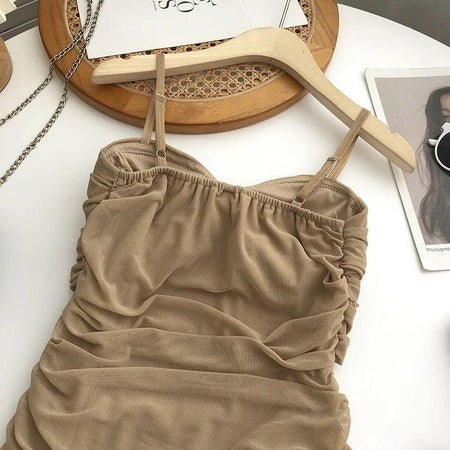 Limba Ruched Mini Bodycon Mesh Dress - close-up of bodice and straps, beige - Miss Mosa By Akanksha