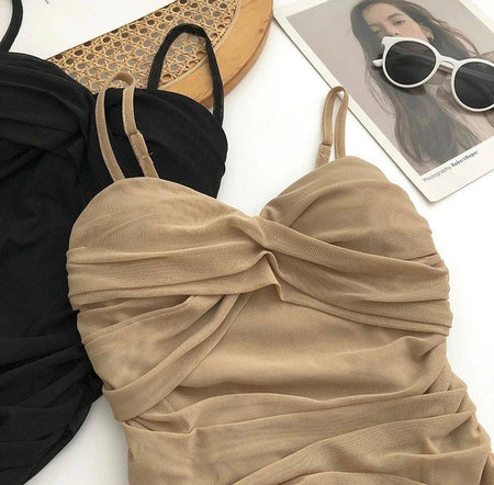 Limba Ruched Mini Bodycon Mesh Dress - close-up of twisted bodice, beige - Miss Mosa By Akanksha