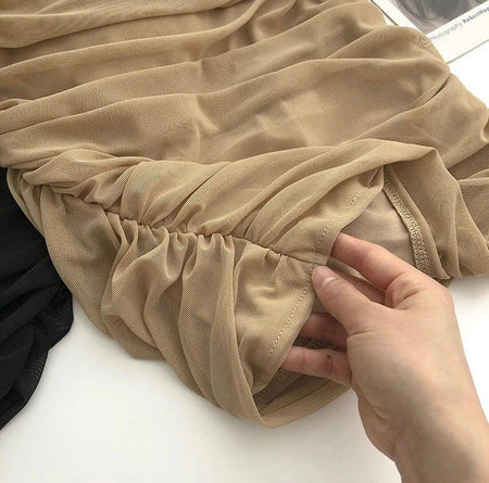 Limba Ruched Mini Bodycon Mesh Dress - close-up of mesh fabric, beige - Miss Mosa By Akanksha