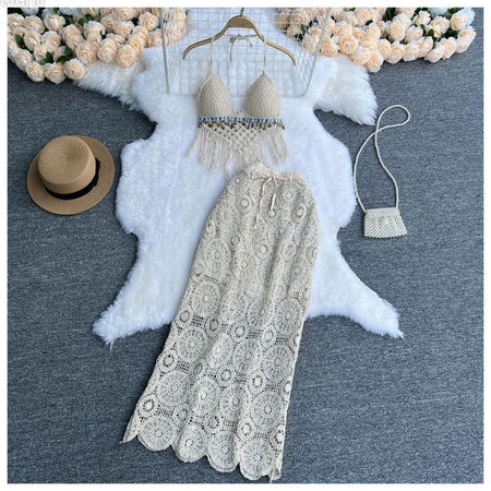 Lisa Crochet Coord Set In Beige - styled flat-lay shot, beige - Miss Mosa By Akanksha