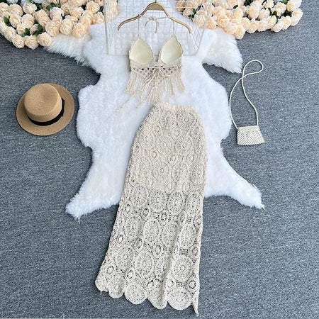 Lisa Crochet Coord Set In Beige - styled flat-lay shot, cream - Miss Mosa By Akanksha
