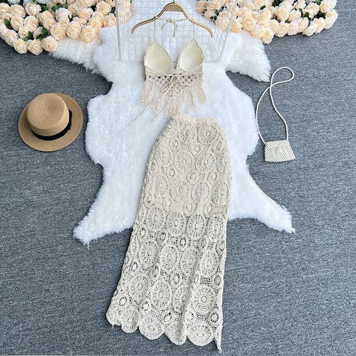 Lisa Crochet Coord Set In Beige