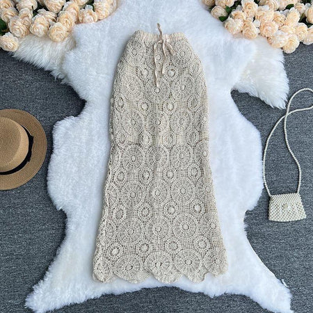 Lisa Crochet Coord Set In Beige - flat-lay product shot, beige - Miss Mosa By Akanksha