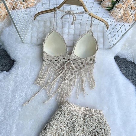 Lisa Crochet Coord Set In Beige - close-up of crochet bralette, cream - Miss Mosa By Akanksha