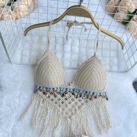 Lisa Crochet Coord Set In Beige - close-up of crochet bralette, cream - Miss Mosa By Akanksha