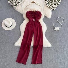 Lisa Offshoulder Jumpsuit - styled flat-lay shot, red - Miss Mosa By Akanksha