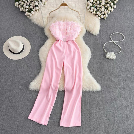 Lisa Offshoulder Jumpsuit - styled flat-lay shot, pink - Miss Mosa By Akanksha