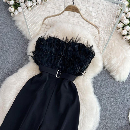 Lisa Offshoulder Jumpsuit - close-up of feather bodice, black - Miss Mosa By Akanksha