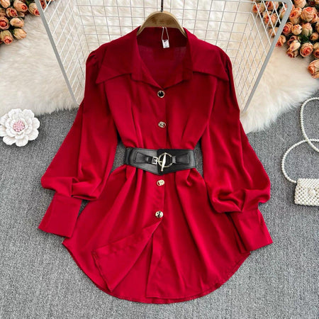 Locaste Statement Shirt With Belt - styled flat-lay shot, red - Miss Mosa By Akanksha