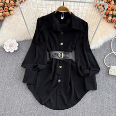 Locaste Statement Shirt With Belt - styled flat-lay shot, black - Miss Mosa By Akanksha