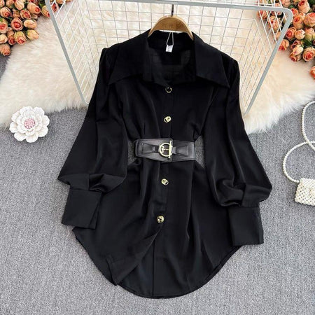 Locaste Statement Shirt With Belt - styled flat-lay shot, black - Miss Mosa By Akanksha
