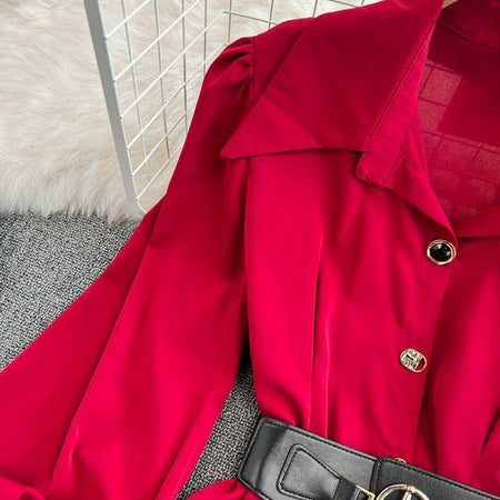 Locaste Statement Shirt With Belt - close-up of collar, red - Miss Mosa By Akanksha